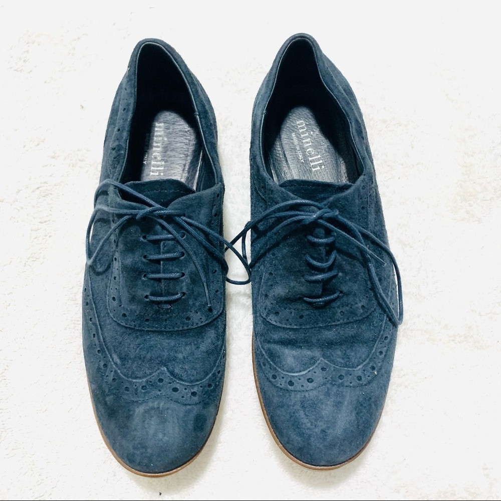 MINELLI Italy Blue Suede Wingtip Leather Shoes 8.5 - Picture 2 of 9